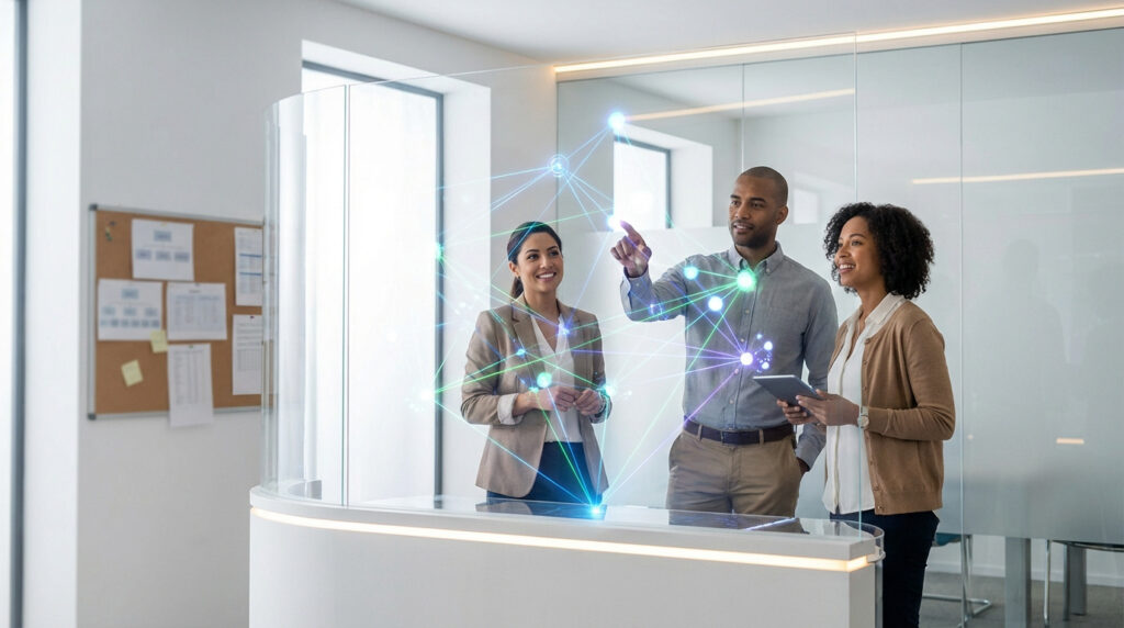 Trois professionnels interagissent avec un affichage holographique de réseau de données dans un bureau moderne et lumineux.