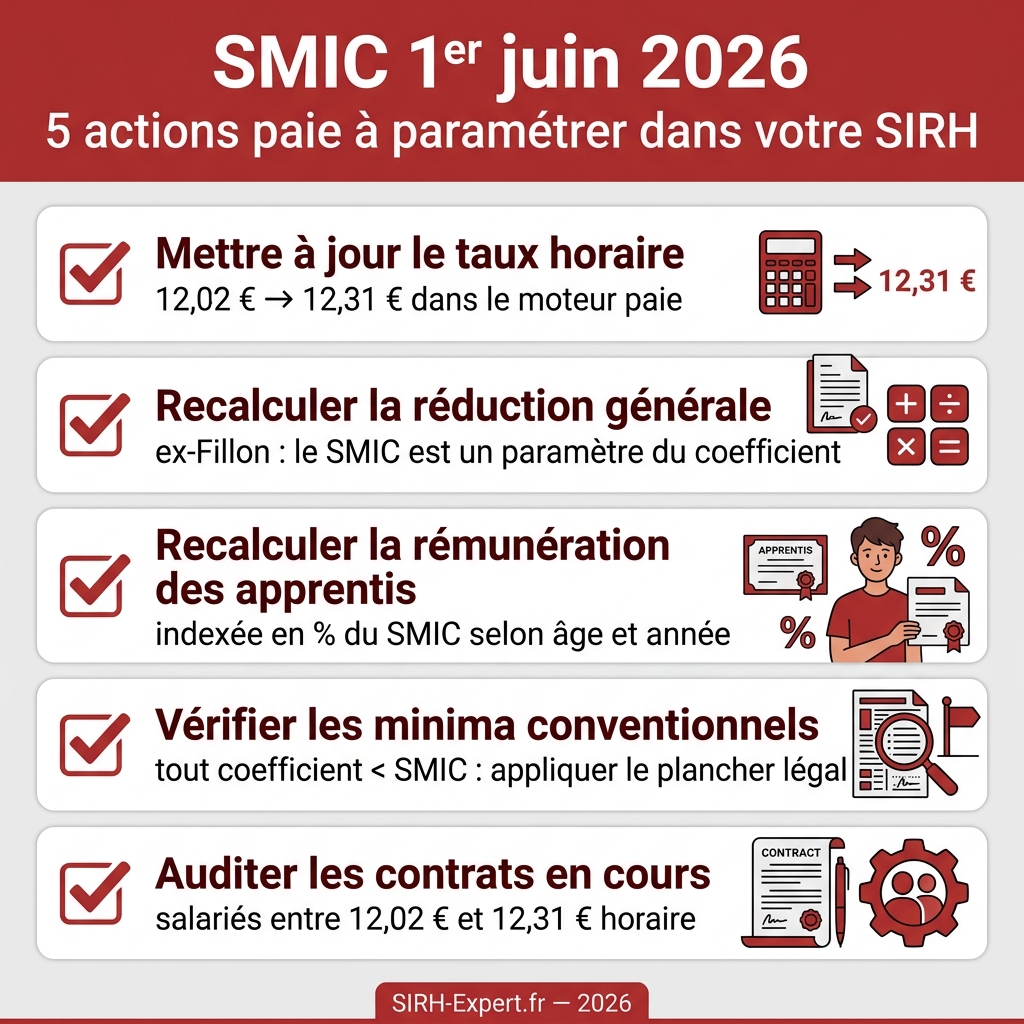 Checklist SIRH paie SMIC 1er juin 2026 : taux horaire, reduction generale, apprentis, minima conventionnels, audit contrats